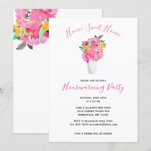 Pink Watercolor Bouquet   Floral Housewarming Invitation
