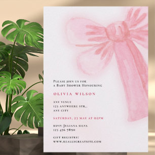 Pink Watercolor Bow Baby Shower Invitation