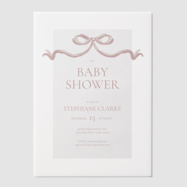 Pink Watercolor Bow Baby Shower Vellum Invitations (Front)
