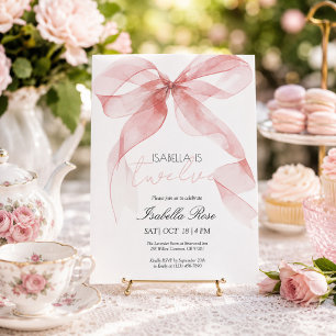 Pink Watercolor Bow Birthday Invitation