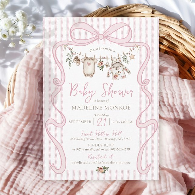 Pink Watercolor Bow Clothesline Baby Girl Shower Invitation (Modern pink bow frame cute baby girl watercolor floral clothesline stripes shower invitation)