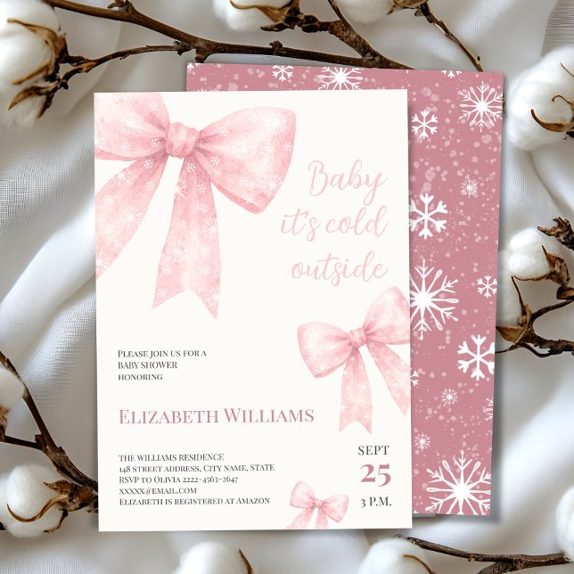 Pink Watercolor Bow cold outside Baby Shower Invitation (Winter Baby Shower Invitation | Baby It’s Cold Outside Theme with pink Snowflake Bows)