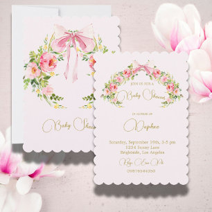 Pink Watercolor Bow Floral Regency Baby Shower Invitation