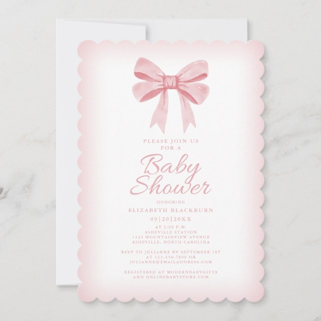 Pink Watercolor Bow Girl Baby Shower Elegant Blush Invitation (Front)