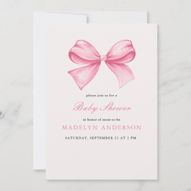 Pink Watercolor Bow Girl Baby Shower Invitation (Front)
