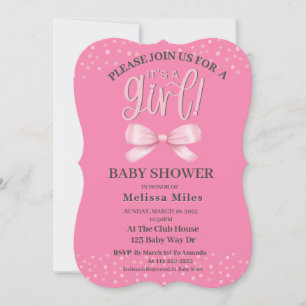 Pink Watercolor  Bow Girl Baby shower  Invitation