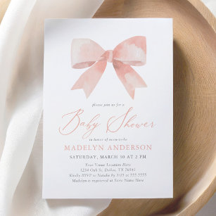 Pink Watercolor Bow Girl Baby Shower Invitation