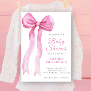 Pink Watercolor Bow Girl Baby Shower Invitation