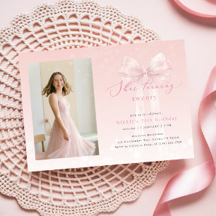 Pink Watercolor Bow Girl Photo 20th Birthday Invitation