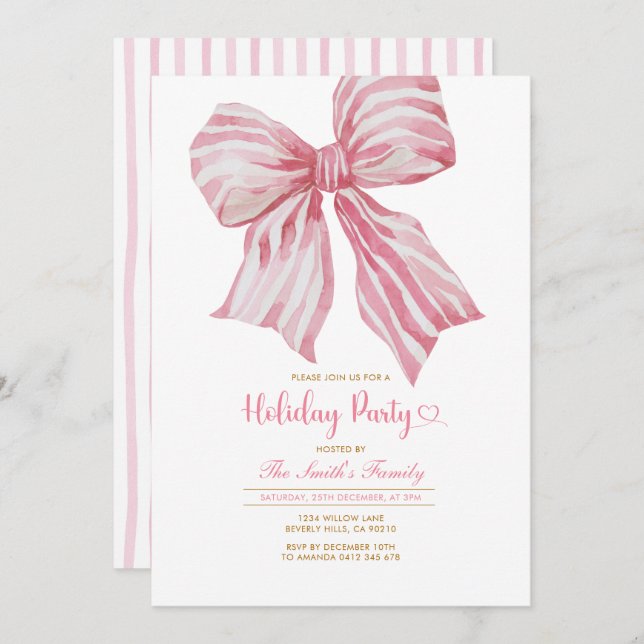 Pink Watercolor Bow Holiday Party Invitation (Front/Back)