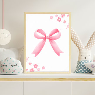 Pink Watercolor Bow Nursery Wall Art Floral Baby