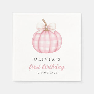 Pink watercolor Bow Pumpkin 1st Birthday Napkins