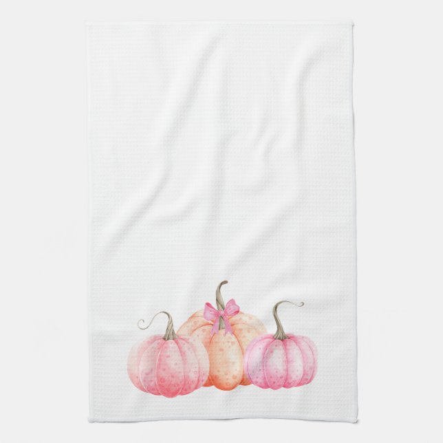 Pink Watercolor Bow Pumpkins For Fall Tea Towel (Vertical)