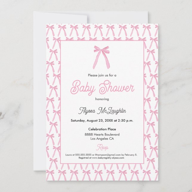 Pink Watercolor bow ribbon baby girl baby shower Invitation (Front)