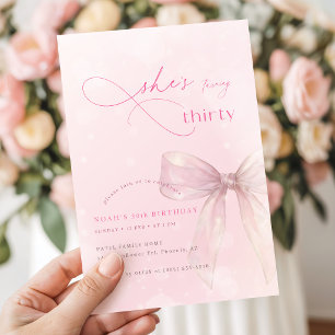 Pink Watercolor Bow Ribbon Girls 30th Birthday Invitation