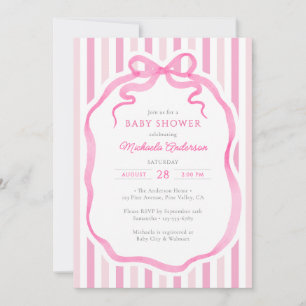 Pink Watercolor Bow & Stripes Baby Shower Invitation
