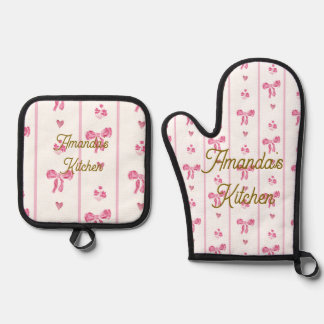 Pink Watercolor Bow Stripes Coquette Aesthetic Oven Mitt & Pot Holder Set