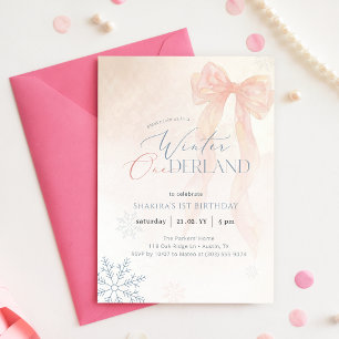 Pink Watercolor Bow Winter Onederland 1st Birthday Invitation