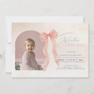 Pink Watercolor Bow Winter Onederland Arch Photo Invitation