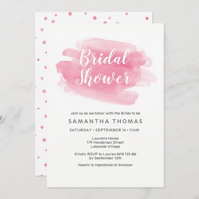 Pink Watercolor Bridal Shower Invitation (Front/Back)