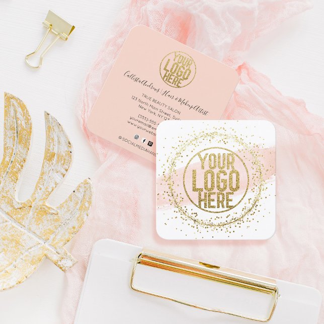 Pink Watercolor Brushstroke Glitter Confetti Logo Square Business Card (Creator Uploaded)