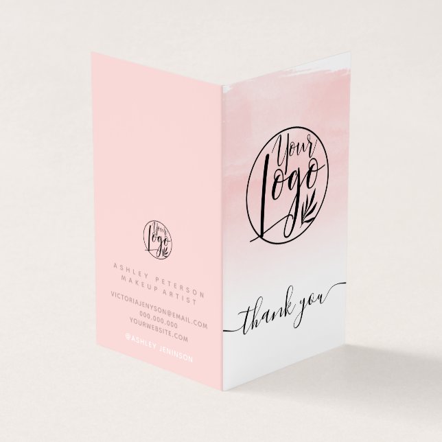 Pink watercolor brushstroke thank you your logo business card (Outside)