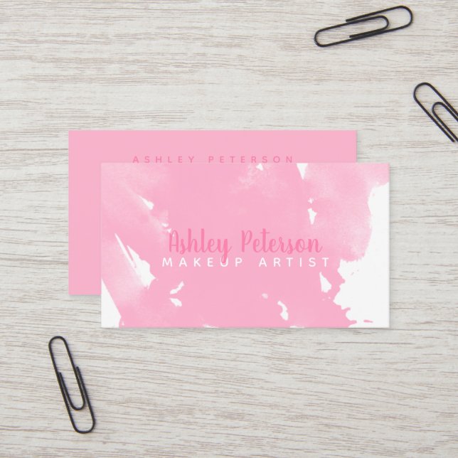 Pink watercolor brushtrokes makeup typography business card (Front/Back In Situ)