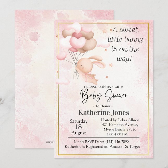 Pink Watercolor Bunny Rabbit balloons Baby Shower Invitation (Front/Back)