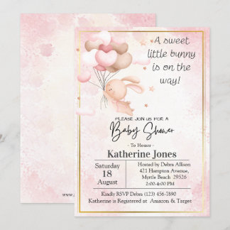 Pink Watercolor Bunny Rabbit balloons Baby Shower Invitation