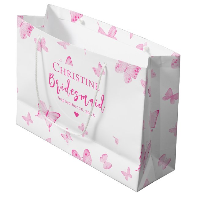 Pink Watercolor Butterflies Bridesmaid Thank You Large Gift Bag (Front Angled)