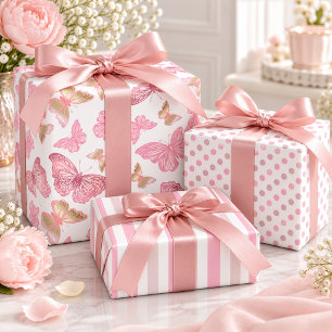 Pink Watercolor Butterflies Dots and Stripes Wrapping Paper Sheet