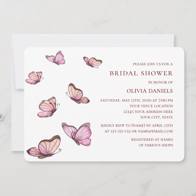 Pink watercolor butterflies. Elegant Bridal Shower Invitation (Front)