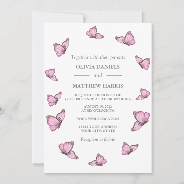 Pink watercolor butterflies. Elegant wedding Invit Invitation (Front)
