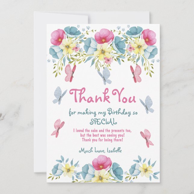 Pink Watercolor Butterflies Floral Birthday Thank You Card (Front)