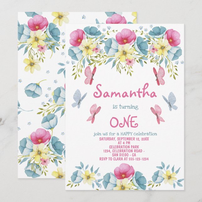 Pink Watercolor Butterflies Florals Birthday Invitation (Front/Back)