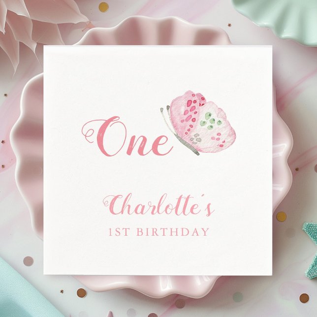 Pink Watercolor Butterfly 1st Birthday Party Napkin (Creator Uploaded)