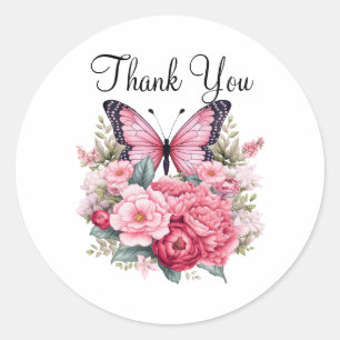 Pink Watercolor Butterfly and Flowers Thank You Classic Round Sticker