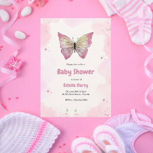 Pink Watercolor Butterfly Baby Shower Invitation