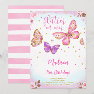 Pink Watercolor Butterfly Birthday Invitation