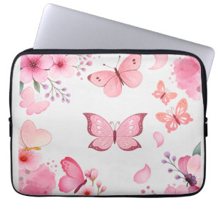 Pink Watercolor Butterfly Floral Garden Laptop Sleeve