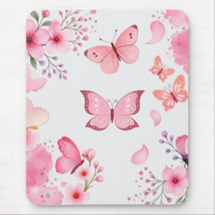 Pink Watercolor Butterfly Floral Garden Mouse Mat
