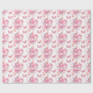 Pink Watercolor Butterfly Floral Garden Wrapping Paper