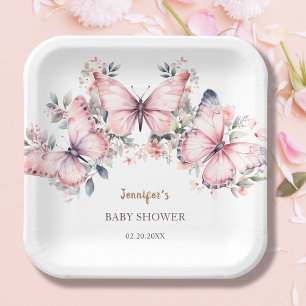 Pink Watercolor Butterfly Girl Baby Shower Paper Plate