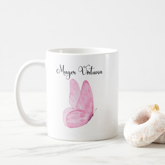 Pink Watercolor Butterfly Mujer Virtuosa Christian Coffee Mug (With Donut)
