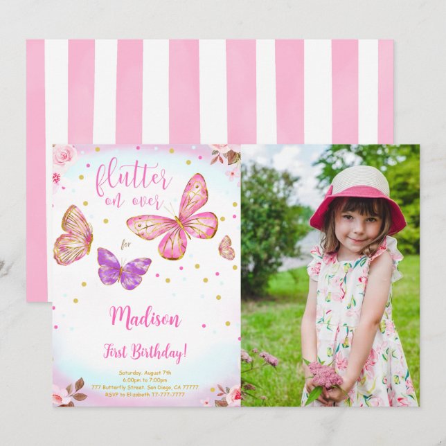 Pink Watercolor Butterfly Photo Invitation (Front/Back)