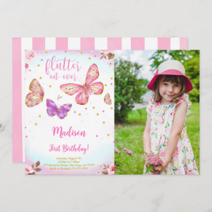 Pink Watercolor Butterfly Photo Invitation