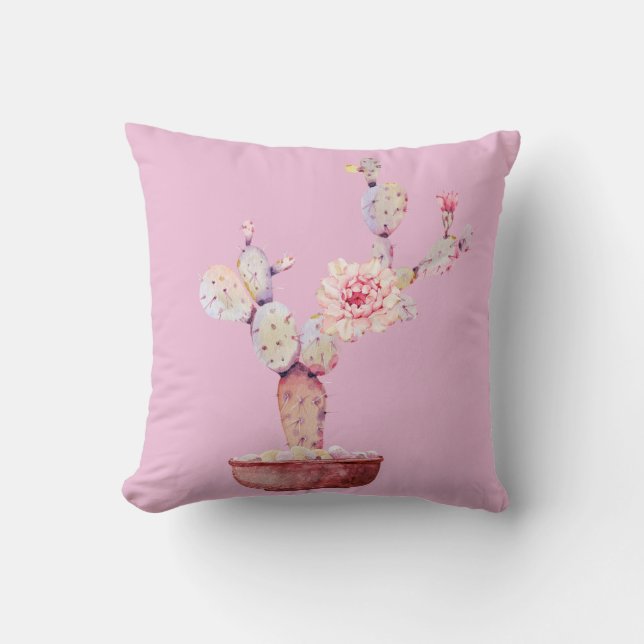 Pink Watercolor Cactus Cushion (Front)
