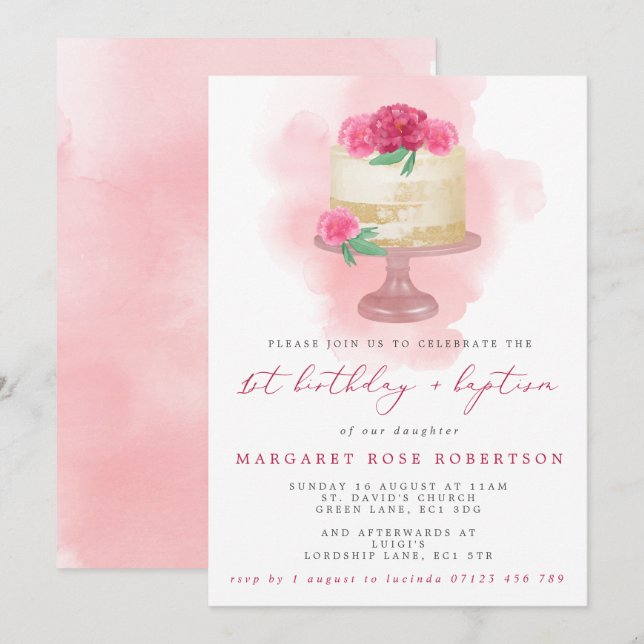 Pink Watercolor Cake Girl's 1st Birthday & Baptism Invitation (Front/Back)