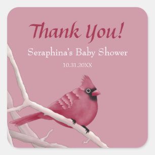 Pink Watercolor Cardinal Baby Shower Thank You Square Sticker