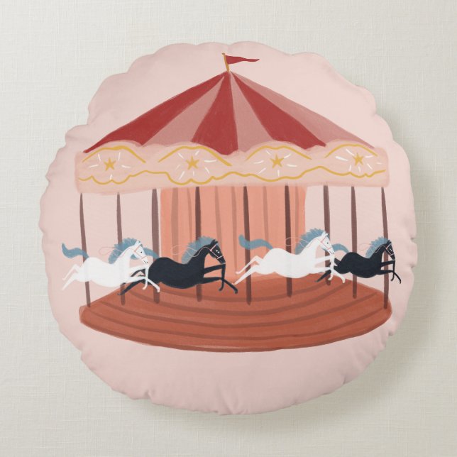 Pink Watercolor Carousel Baby Nursery Round Pillow (Front)
